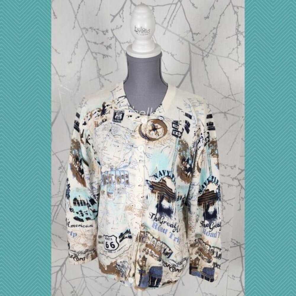 Tradition Abstract Travel Theme Printed 100% Cotton Knit Button Cardigan